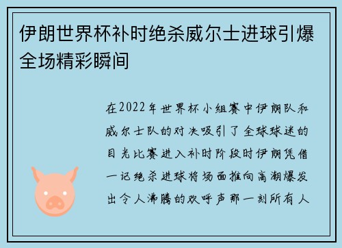 伊朗世界杯补时绝杀威尔士进球引爆全场精彩瞬间