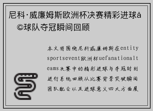尼科·威廉姆斯欧洲杯决赛精彩进球助球队夺冠瞬间回顾